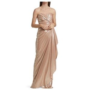 Rene Ruiz Metallic Strapless Ruched Gown